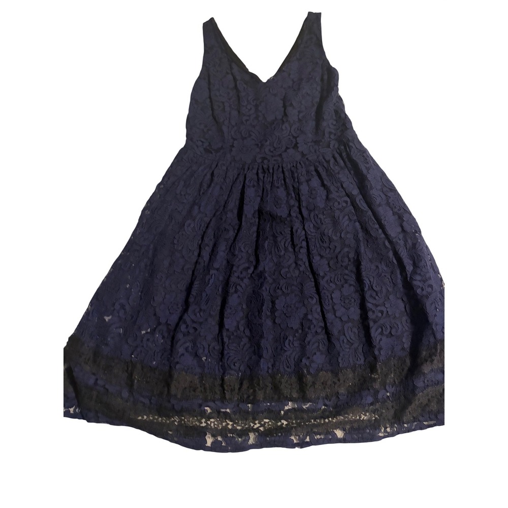 Luxe by Carmen Marc Valvo Navy‎ Blue Floral Lace V-Neck Fit Flare Dress Womens 8